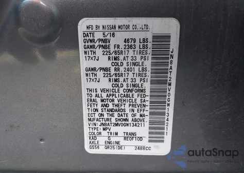 2016 Nissan Rogue S z USA, uszkodzony, nr VIN JN8AT2MV0GW134211